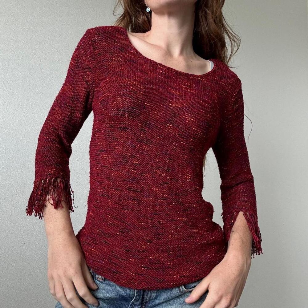 Coldwater creek Vintage burgundy knit sweater with fringe sleeves
